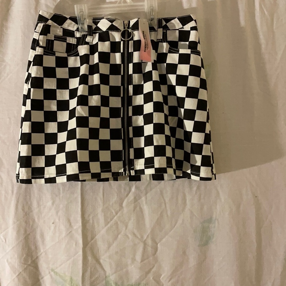 Bloomingdales Exclusive Sunset+Spring Black and white Jean zip checkered skirt
